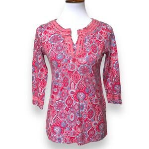 🍀Talbots Womens Blouse Top Pink Paisley 3/4 Sleeve Notch Neck Pullover Petite XS